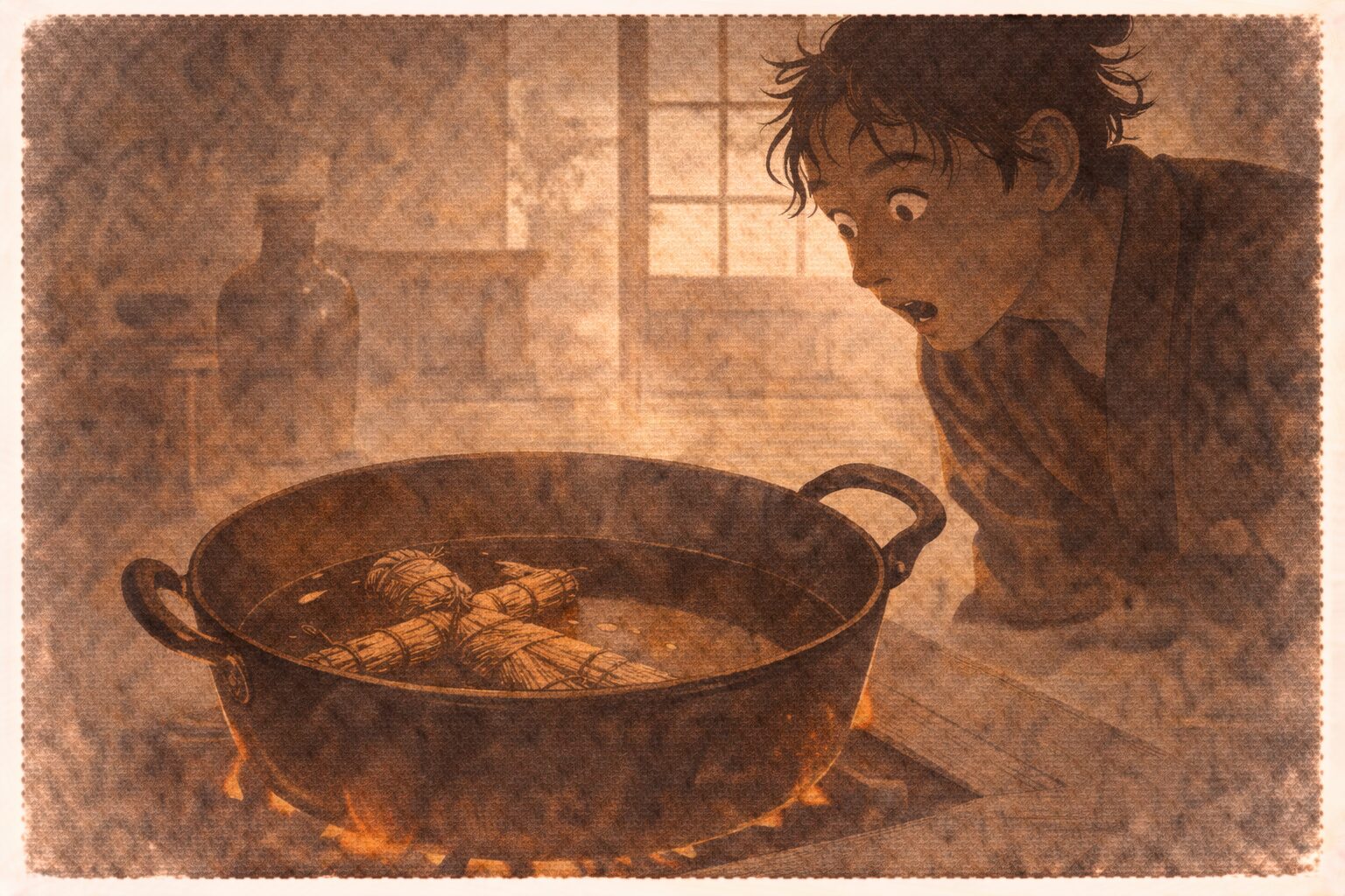 昼の長屋で甥が鍋の中をのぞき込み油の中の藁人形を見つけて息をのむ一場面