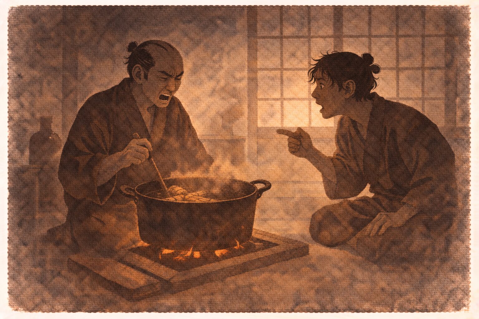 夕方の座敷で西念が怒りをにじませながら藁人形を鍋で煮て甥が横で問い詰める一場面