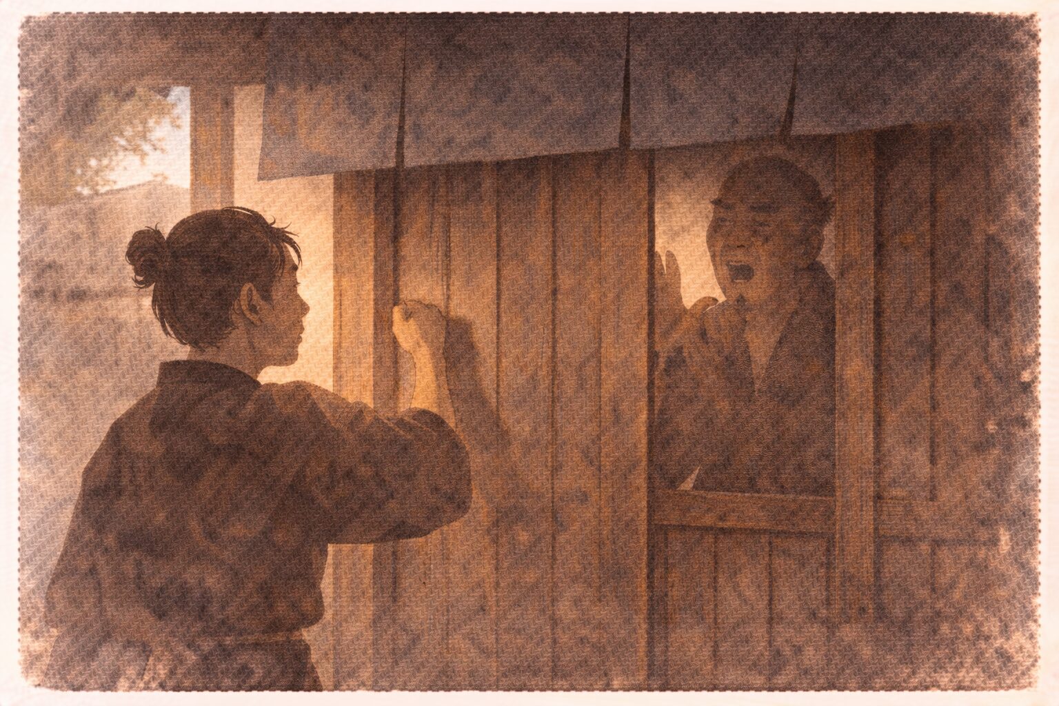 昼の商家の表で若旦那が閉まった戸をたたき中の父親が開けずに応じる一場面