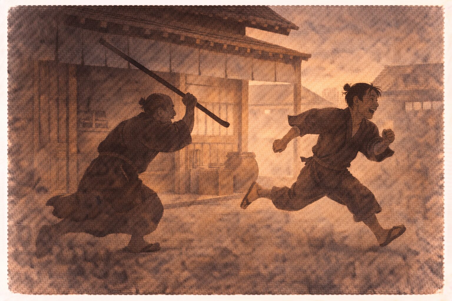 夕方の店先で六尺棒を振り上げた父親が若旦那を追いかけ若旦那が笑いながら逃げる一場面