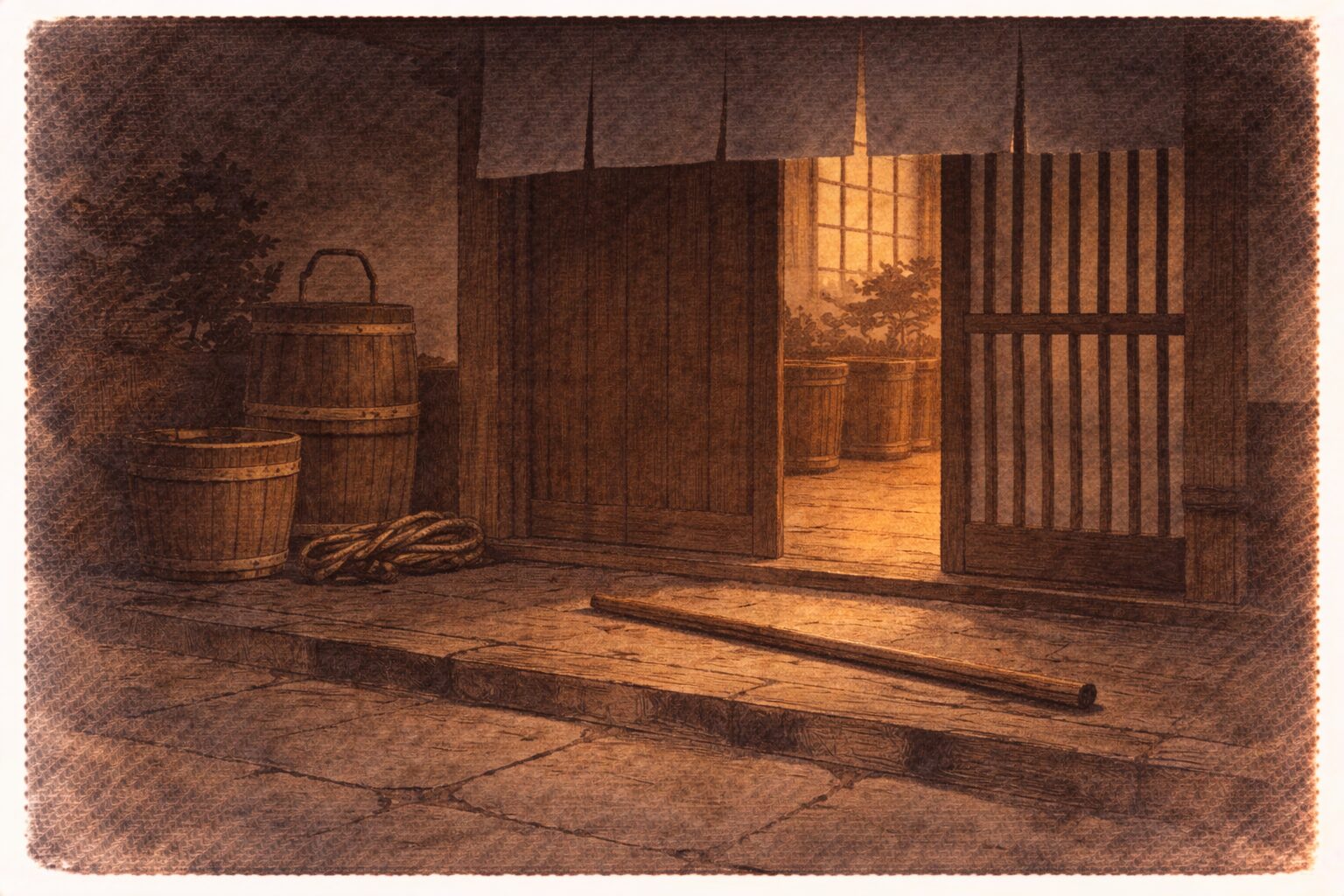 夜の商家の戸口に六尺棒だけが残り親子げんかの余韻が漂う一場面