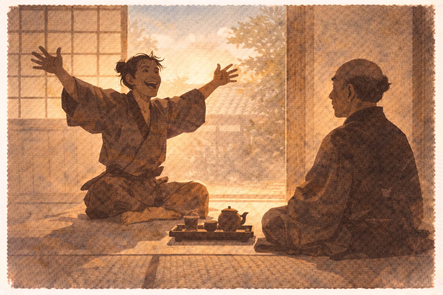 昼の町家で弥次郎が隠居に向かって身振り大きく武者修行の話を語り始める一場面
