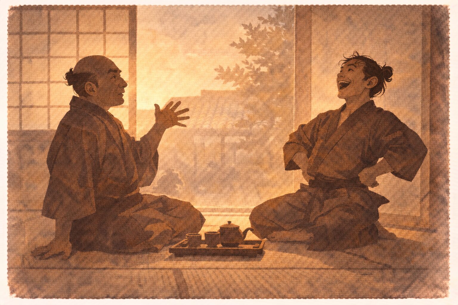 夕方の座敷で隠居があきれ顔でつっこみ弥次郎が得意そうにさらに話を盛る一場面