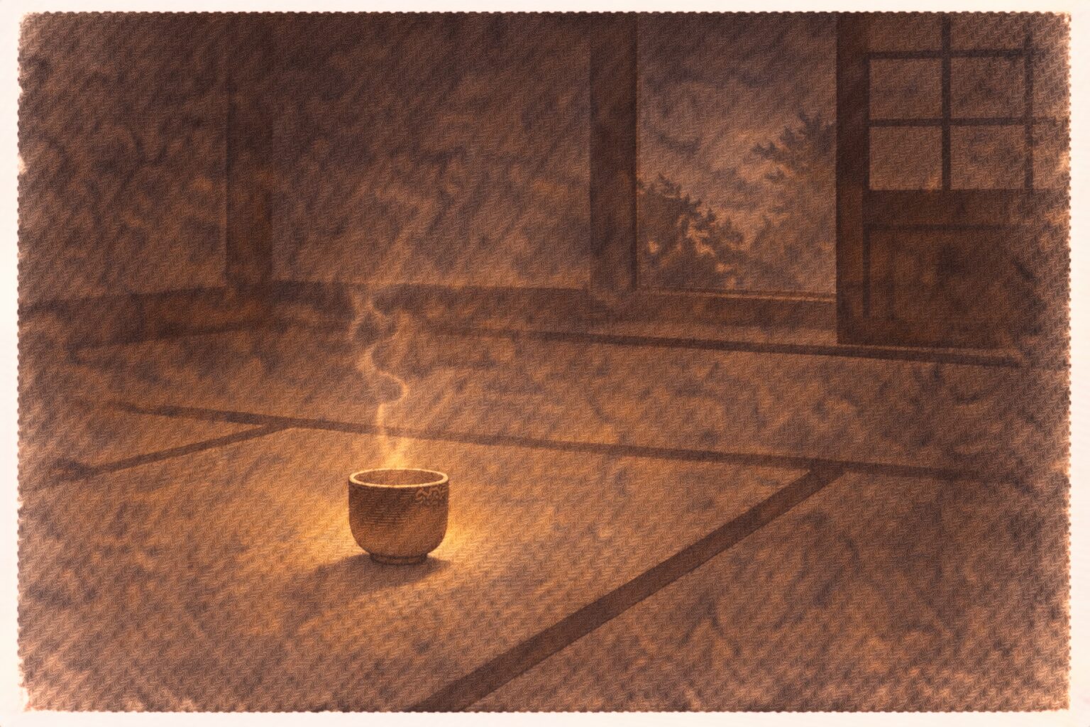 夜の座敷に湯のみだけが残り大ホラ話の余韻が静かに漂う一場面