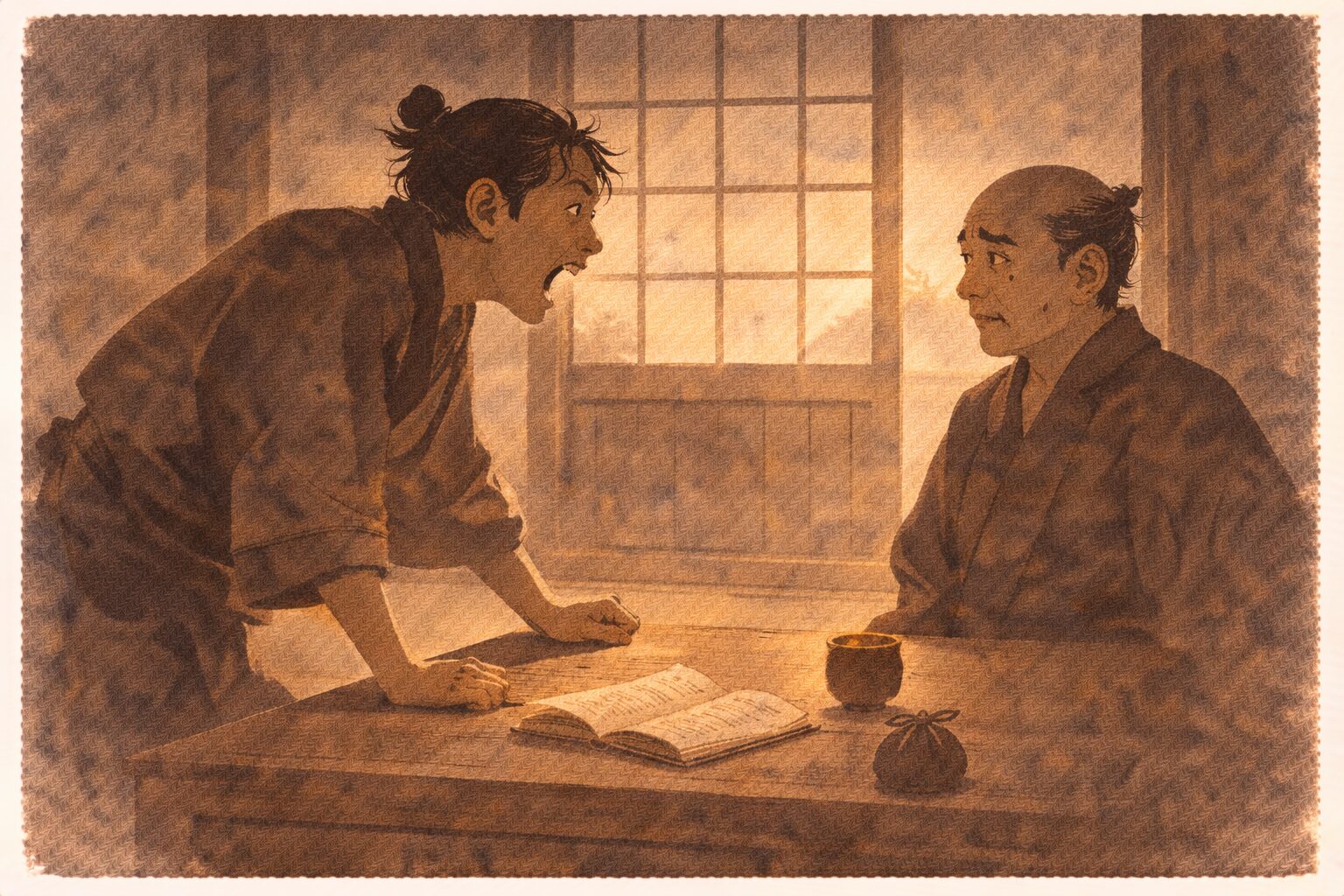 昼の番頭部屋で若旦那が番頭へ金を工面しろと身を乗り出して迫る一場面