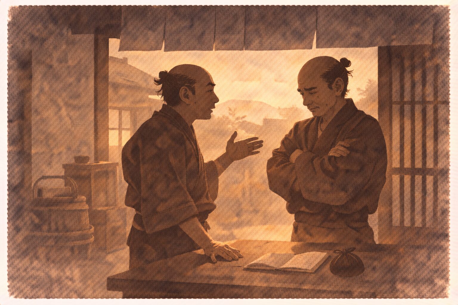 夕方の店先で番頭が親父へ静かに策を説明し親父が渋い顔で聞き入る一場面