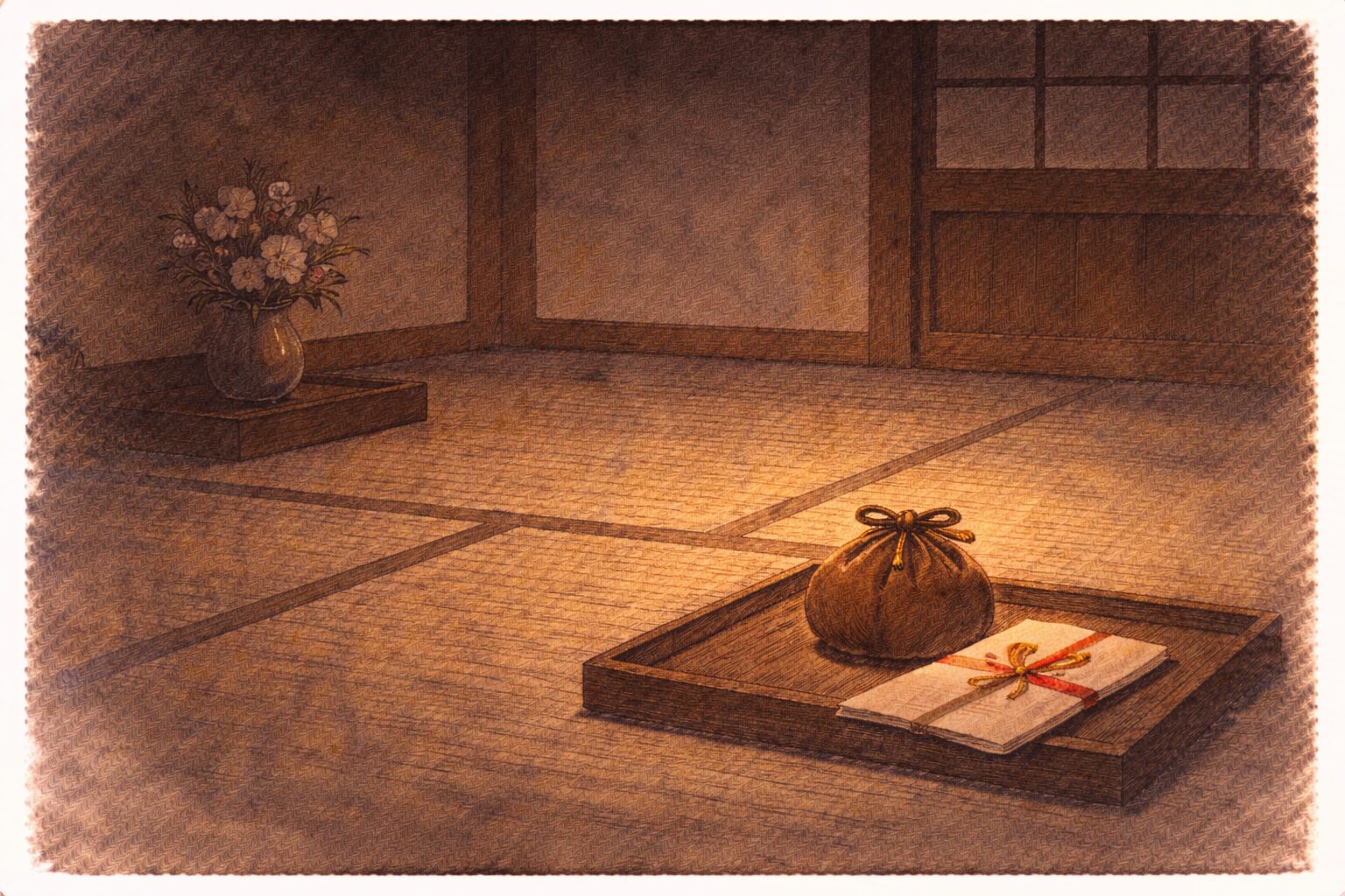 夜の座敷に預けられた財布と祝いの気配だけが残る静かな一場面