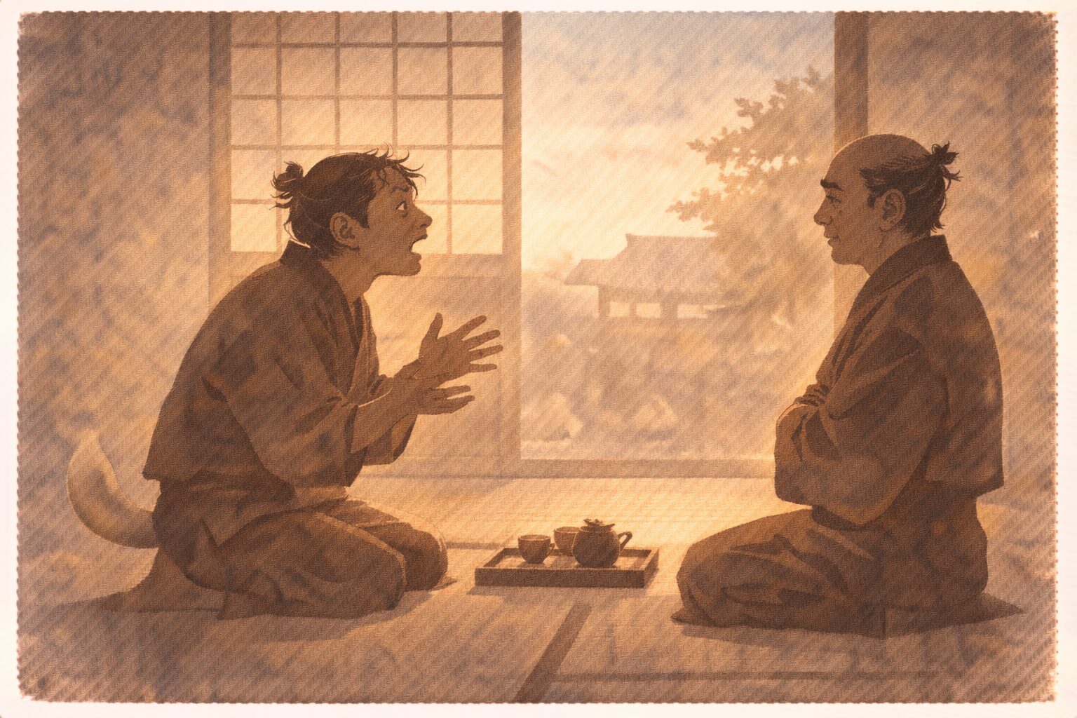 昼の座敷で白犬あがりの男が隠居へ人間になった事情を一生懸命に話す一場面