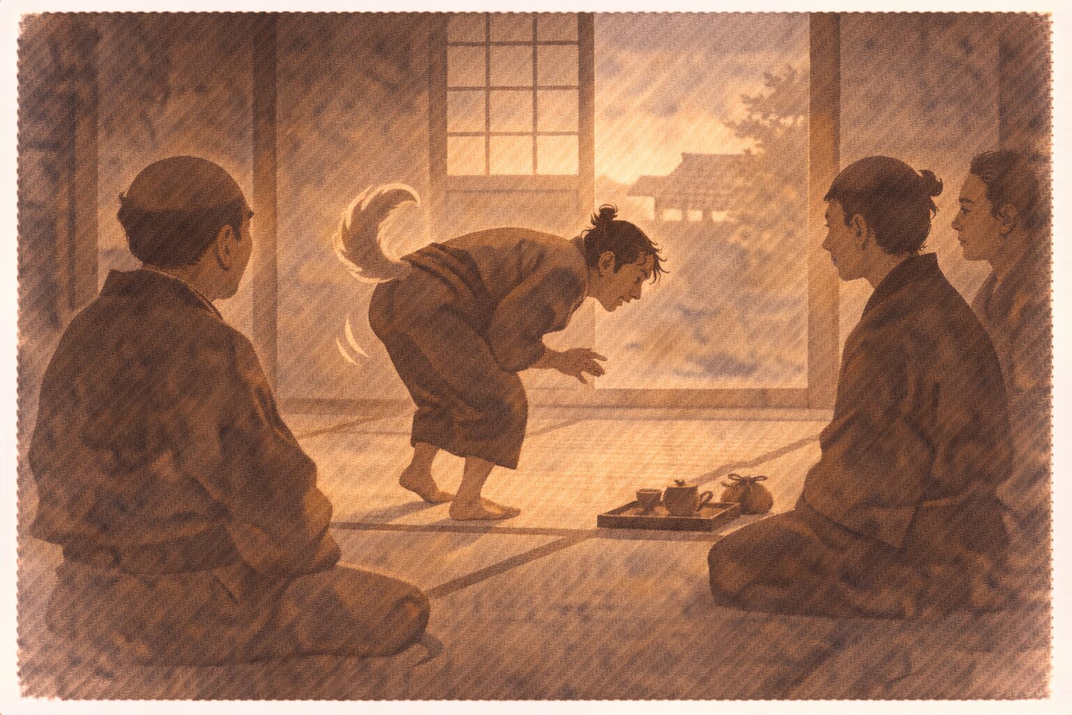 夕方の奉公先で元犬の男が思わず尻を振るような仕草をして周囲が不思議そうに見る一場面