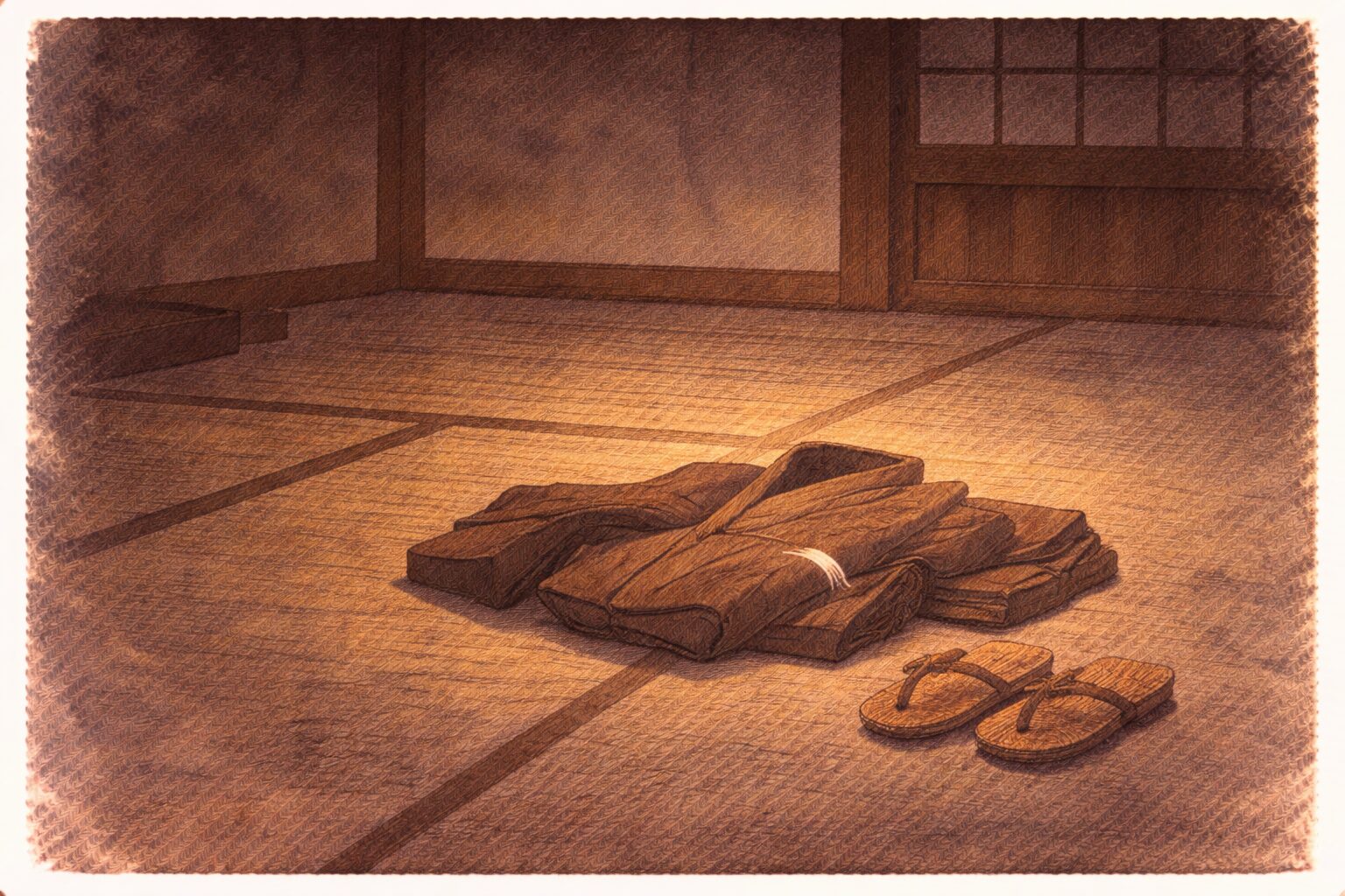 夜の座敷に着物と草履だけが残り人になった白犬の余韻が漂う一場面