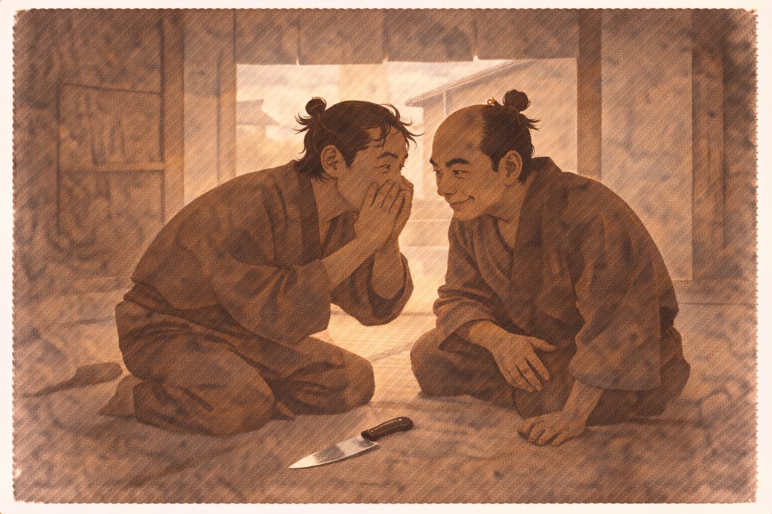 昼の長屋で男が兄弟分へ包丁を使った芝居の段取りをひそひそ相談する一場面