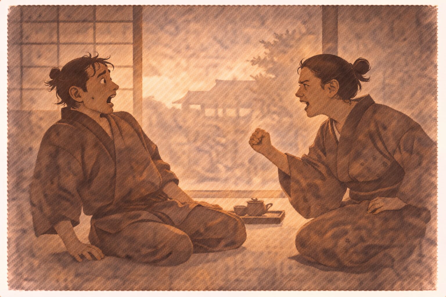 夕方の座敷で間男役の男が女房に迫るつもりが逆に言い返されてうろたえる一場面