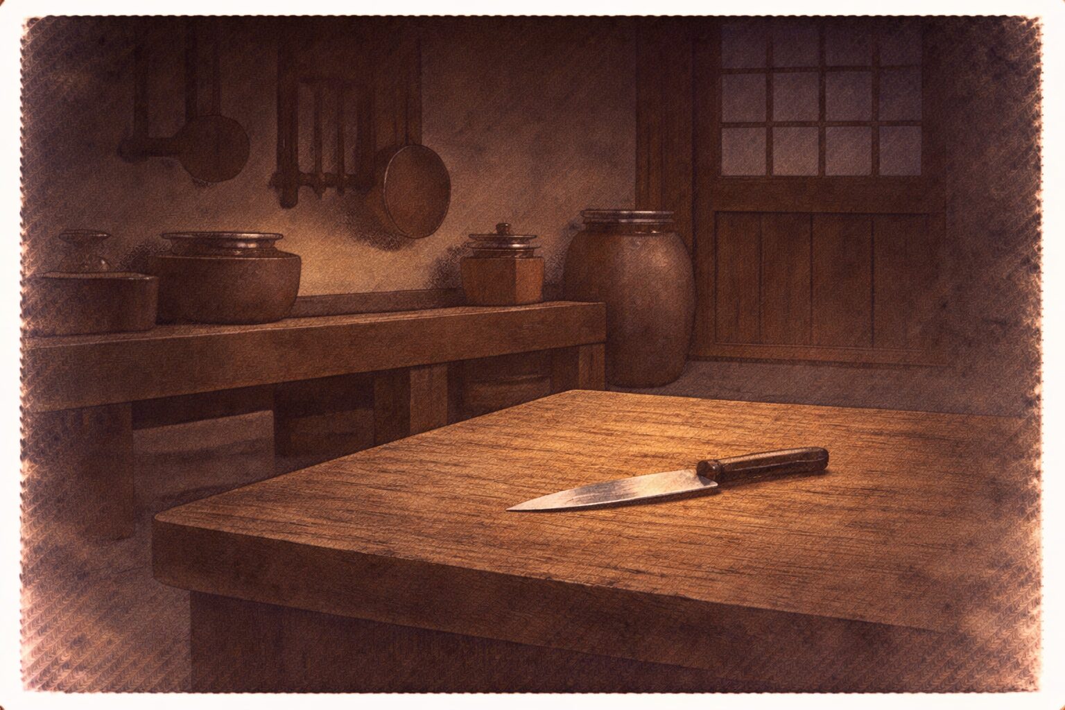 夜の台所に使われなかった包丁だけが残り芝居の失敗を思わせる一場面