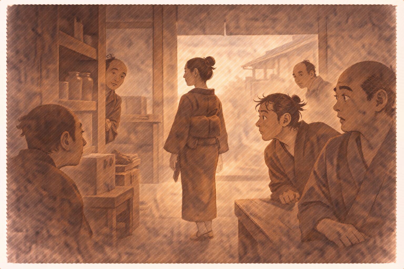 昼の大店で新しく来た美人女中に男衆がそわそわと視線を向ける一場面