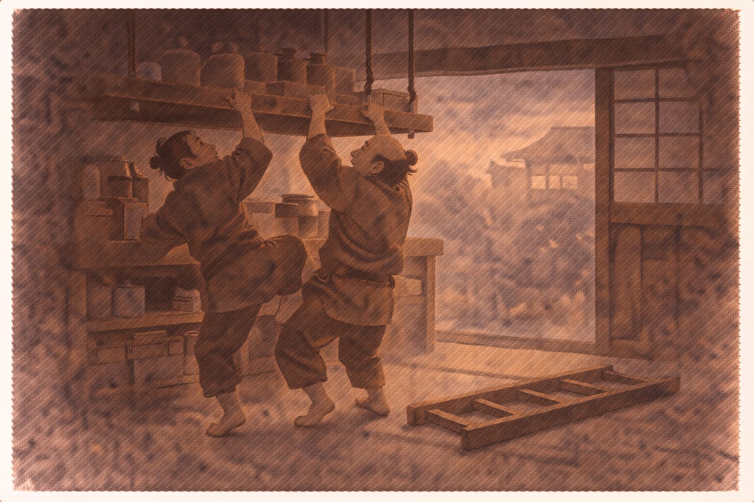 夕方の暗い店内で番頭と手代が外された梯子の代わりに棚へ手をかけて忍び込もうとする一場面