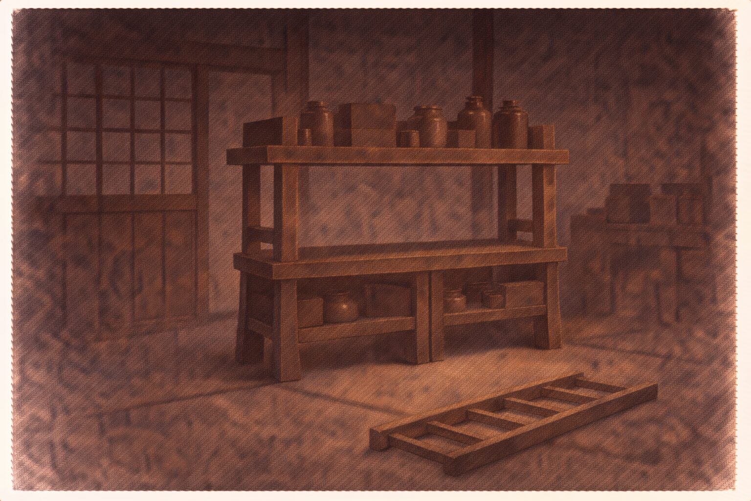 夜の店内に担がれた棚だけが残り夜這い騒動のあとの気まずい余韻が漂う一場面