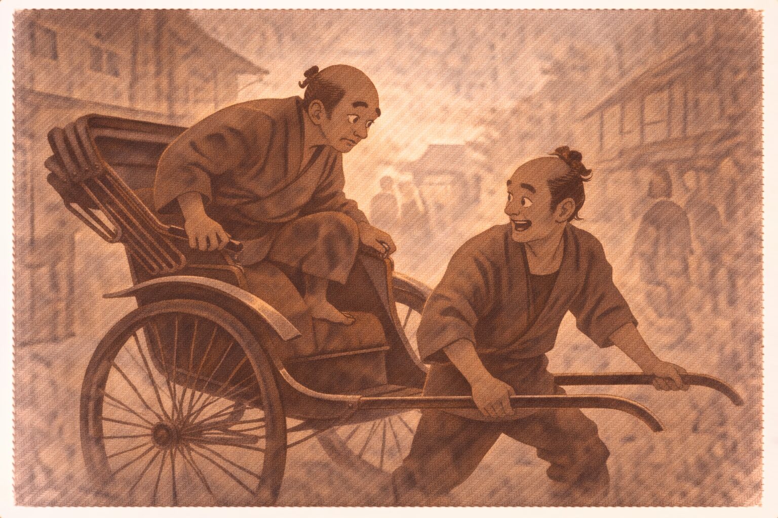 昼の往来で急ぎの客が勢いのある若い車夫の人力車へ不安そうに乗り込む一場面