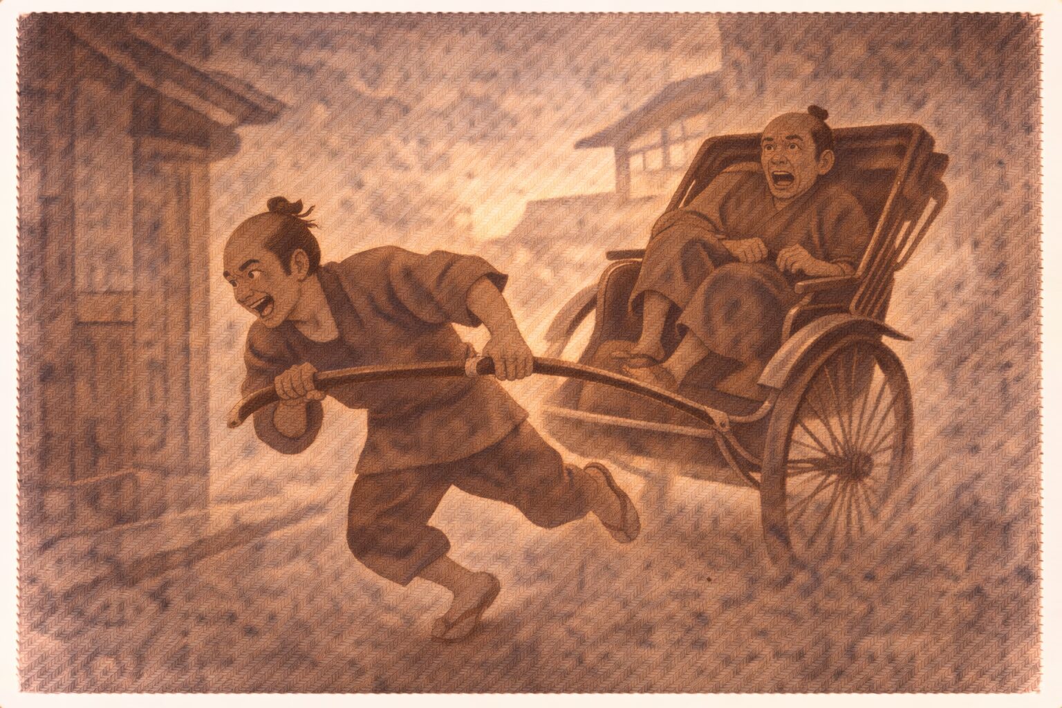 夕方の曲がり角で車夫が必死に人力車を引き客が身をこわばらせて振り回される一場面