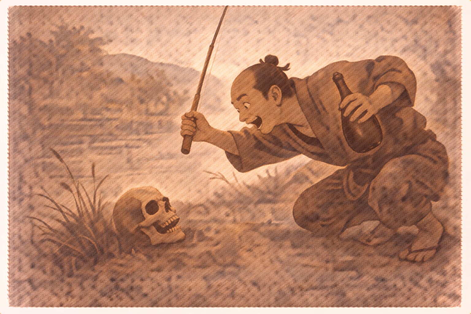 昼の川べりで八五郎が酒瓶と釣り竿を手に野ざらしの髑髏を見つけて身を乗り出す一場面