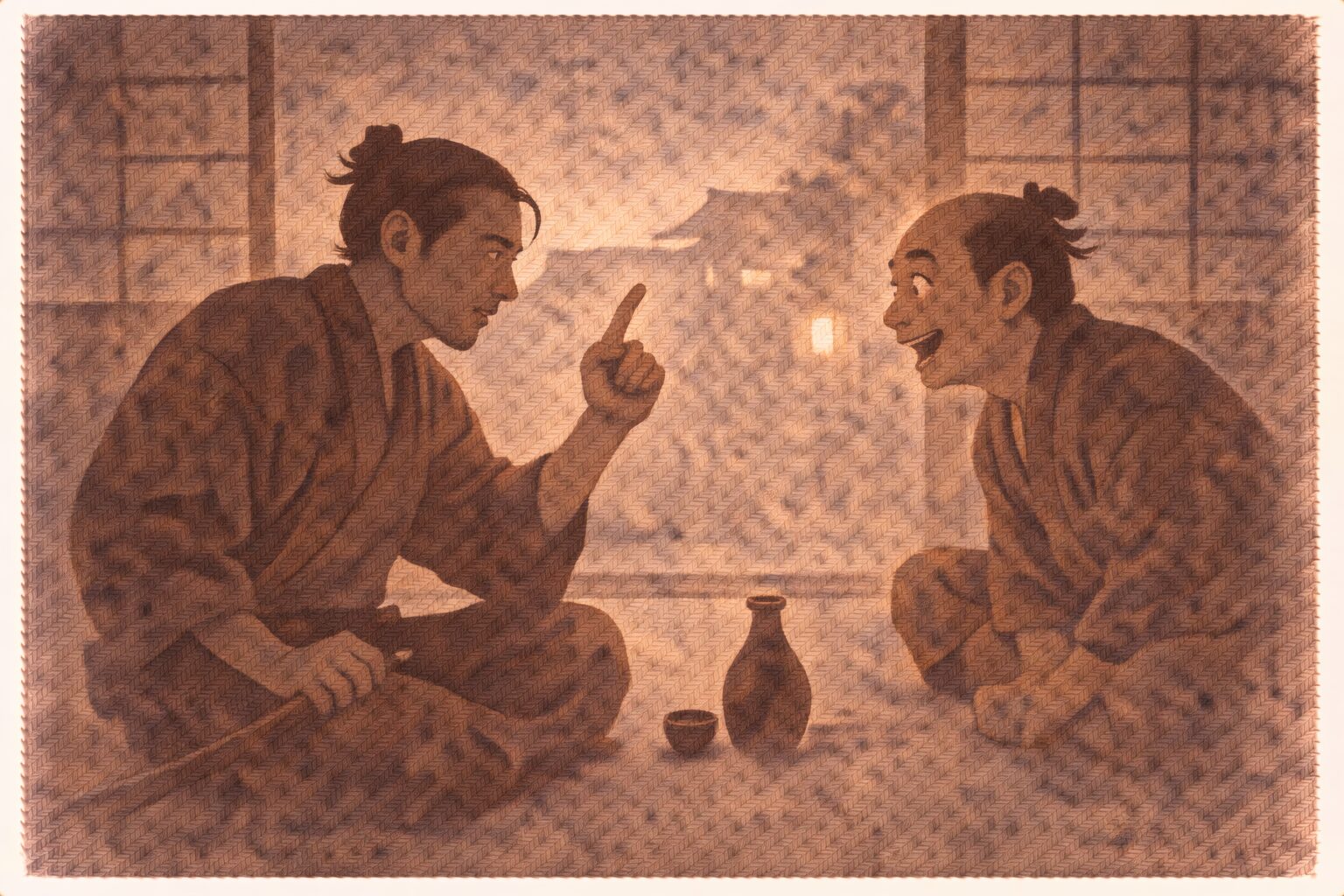 夕方の長屋で隣の浪人が静かに怪談めいた話を語り八五郎が目を輝かせて聞き入る一場面