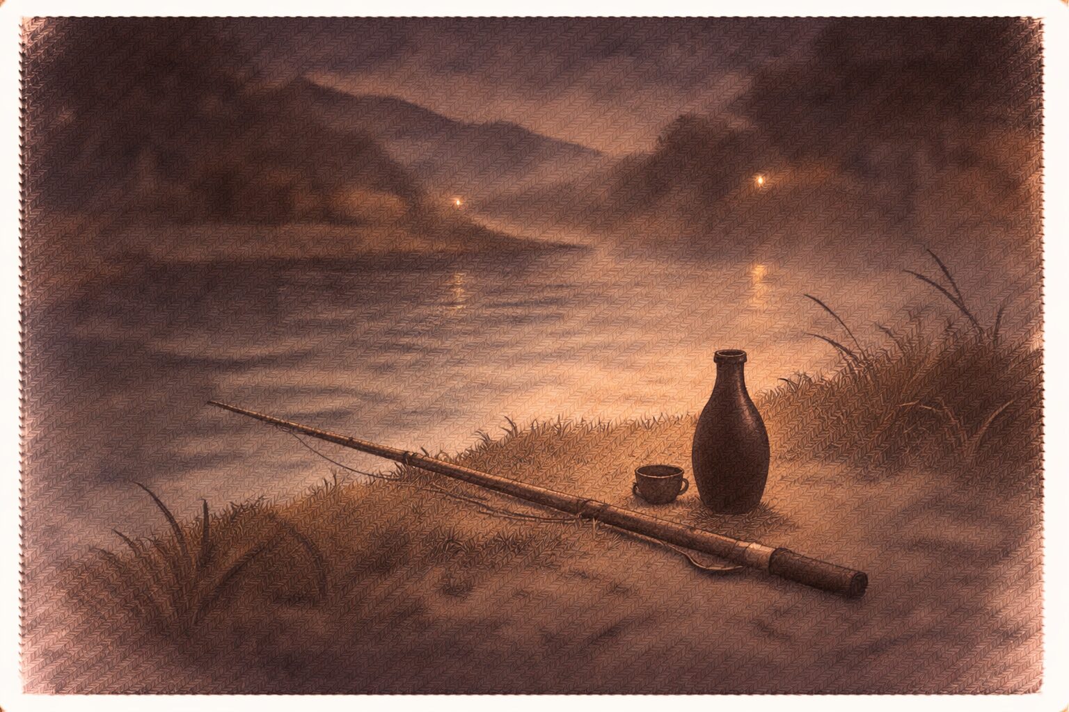 夜の川辺に酒徳利と釣り竿だけが残り幽霊騒ぎのあとの拍子抜けした余韻が漂う一場面