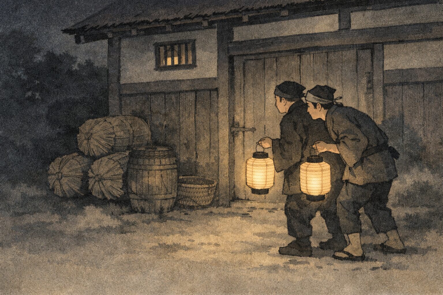 夜の質蔵の前で番頭と手代が提灯を手に身を寄せて見張る一場面