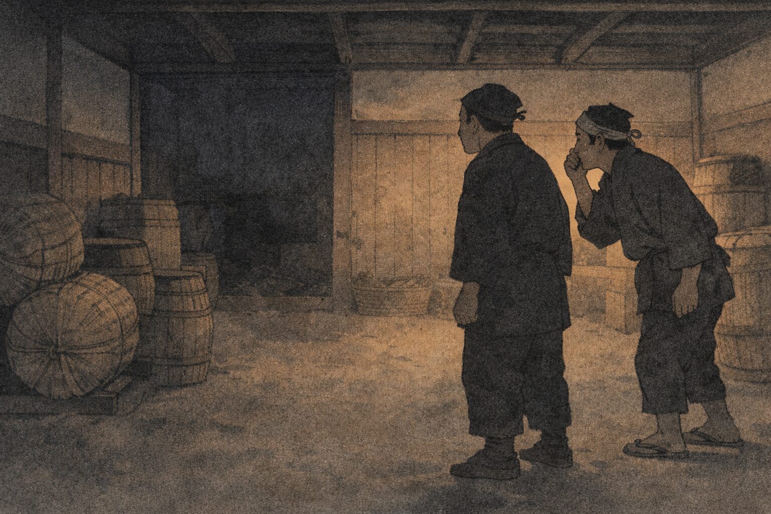 夕方の蔵の内部で番頭と熊五郎が離れて立ち奥の物音に耳を澄ます一場面