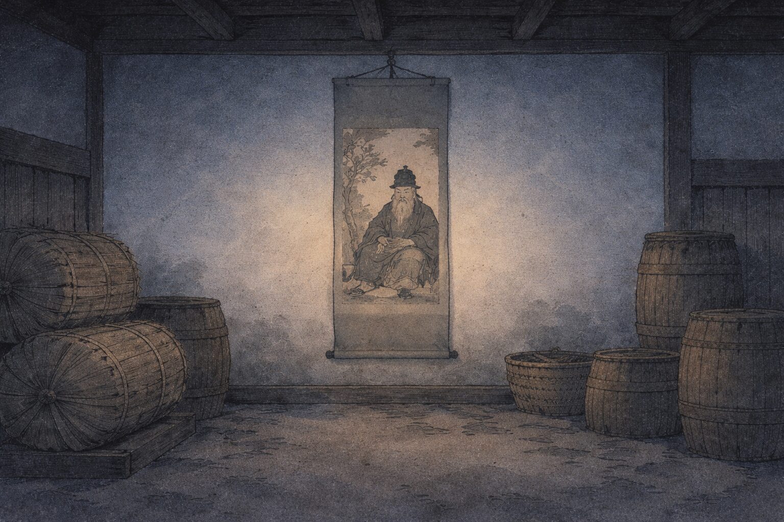 明け方の蔵の中に天神の掛け軸だけが静かに残る余韻の一場面