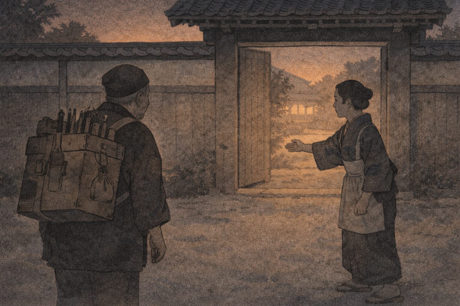 夕暮れの屋敷門の前で羅宇屋の老人が道具箱を背負い女中に呼び止められる一場面