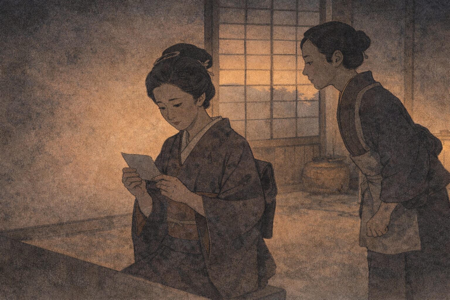 室内でご新造が受け取った紙を見つめ女中がそばで様子をうかがう一場面