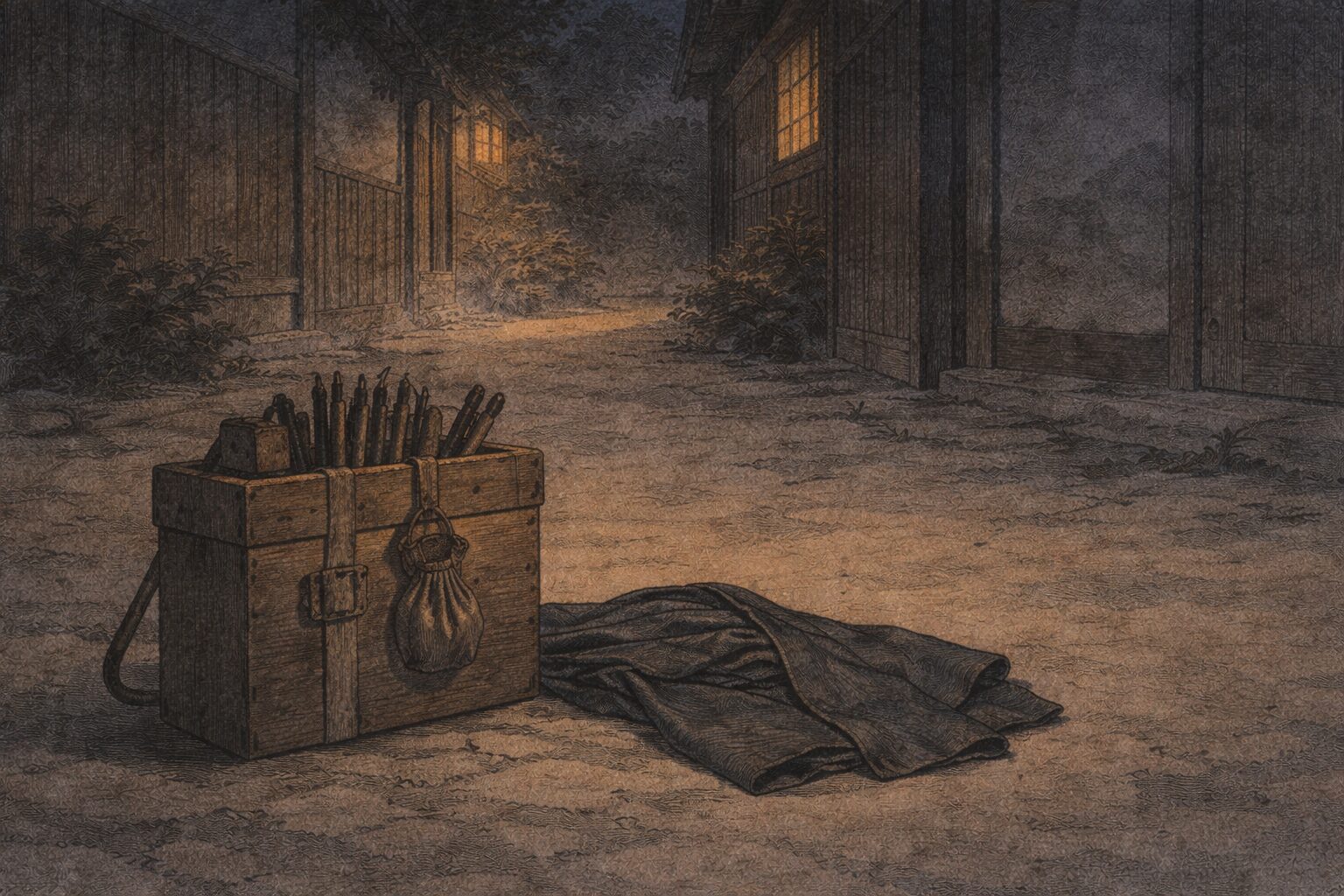 夜の路地に道具箱と古びた羽織だけが残り静かな余韻が漂う一場面