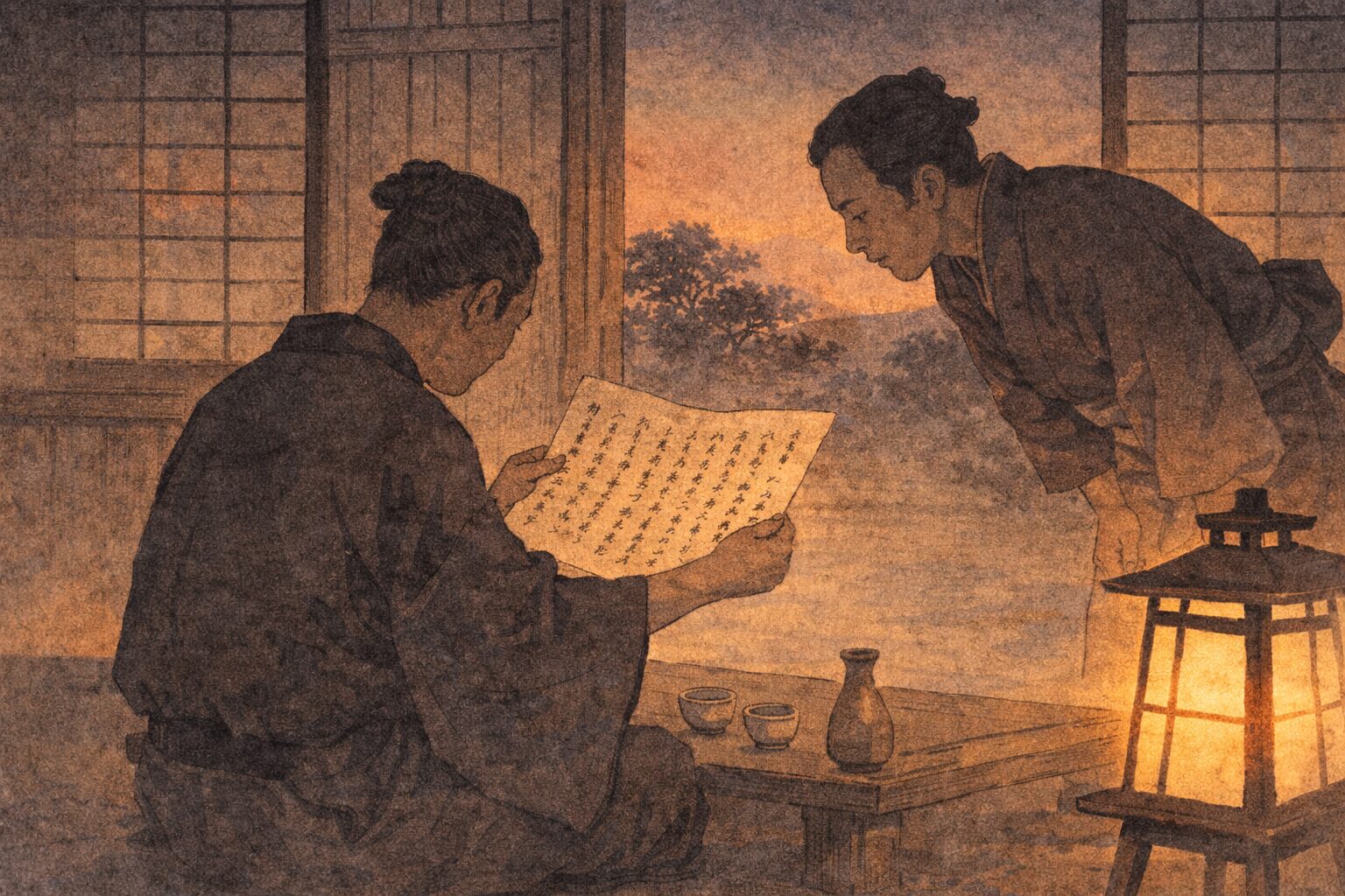 夕方の茶屋の座敷で男が起請文を広げ仲間がのぞき込む一場面