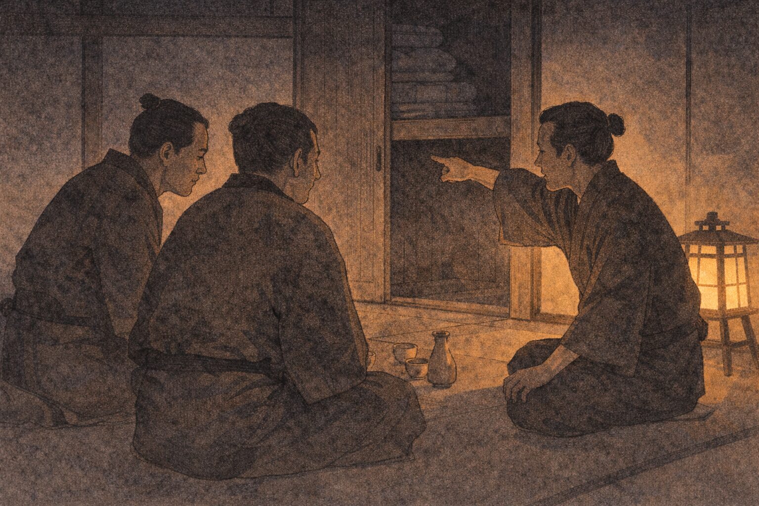 夜の座敷で三人の男が身を寄せて相談し一人が押し入れを指さす一場面