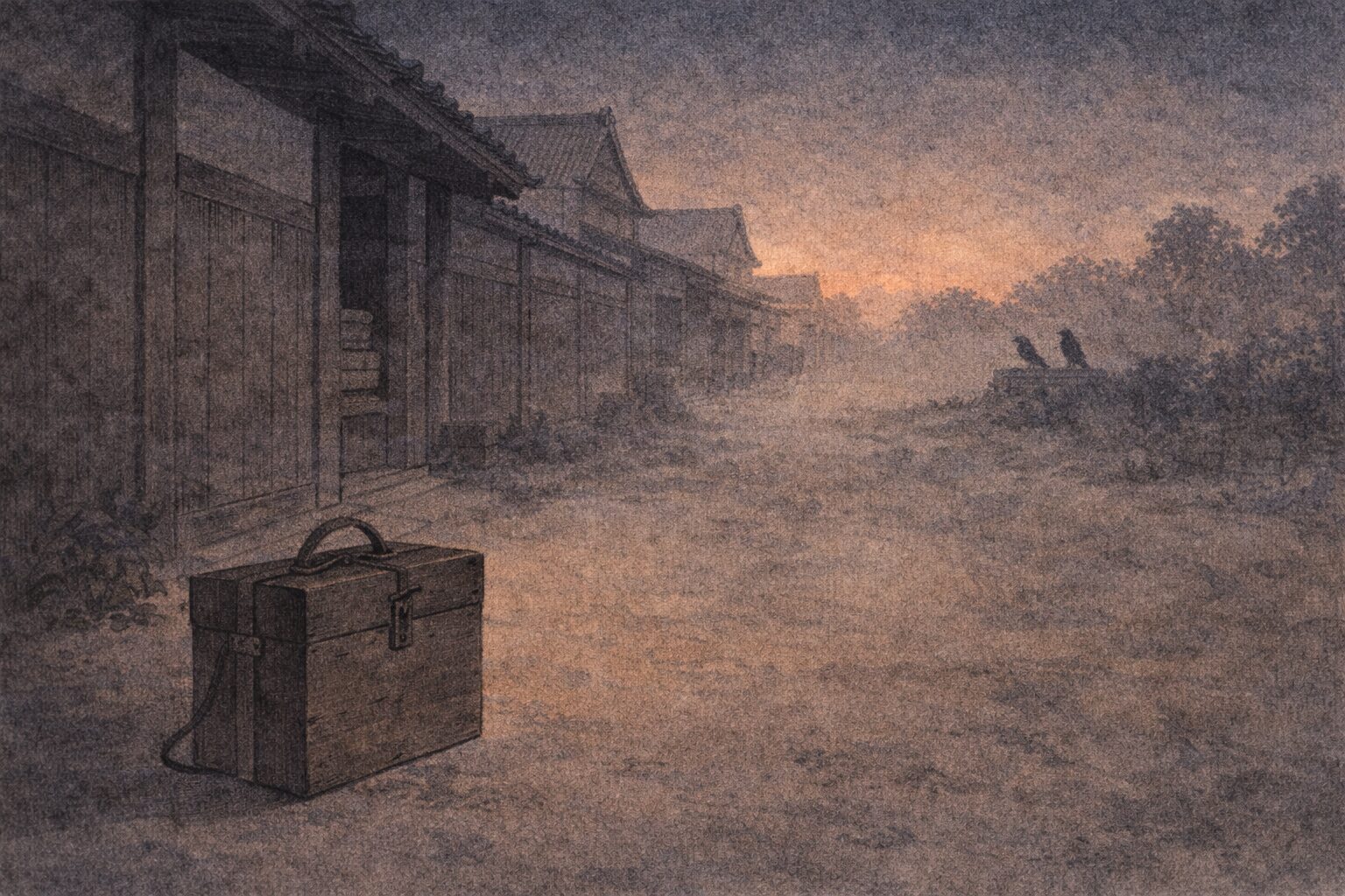 明け方の廓の外れに文箱と烏の気配だけが残る余韻の一場面