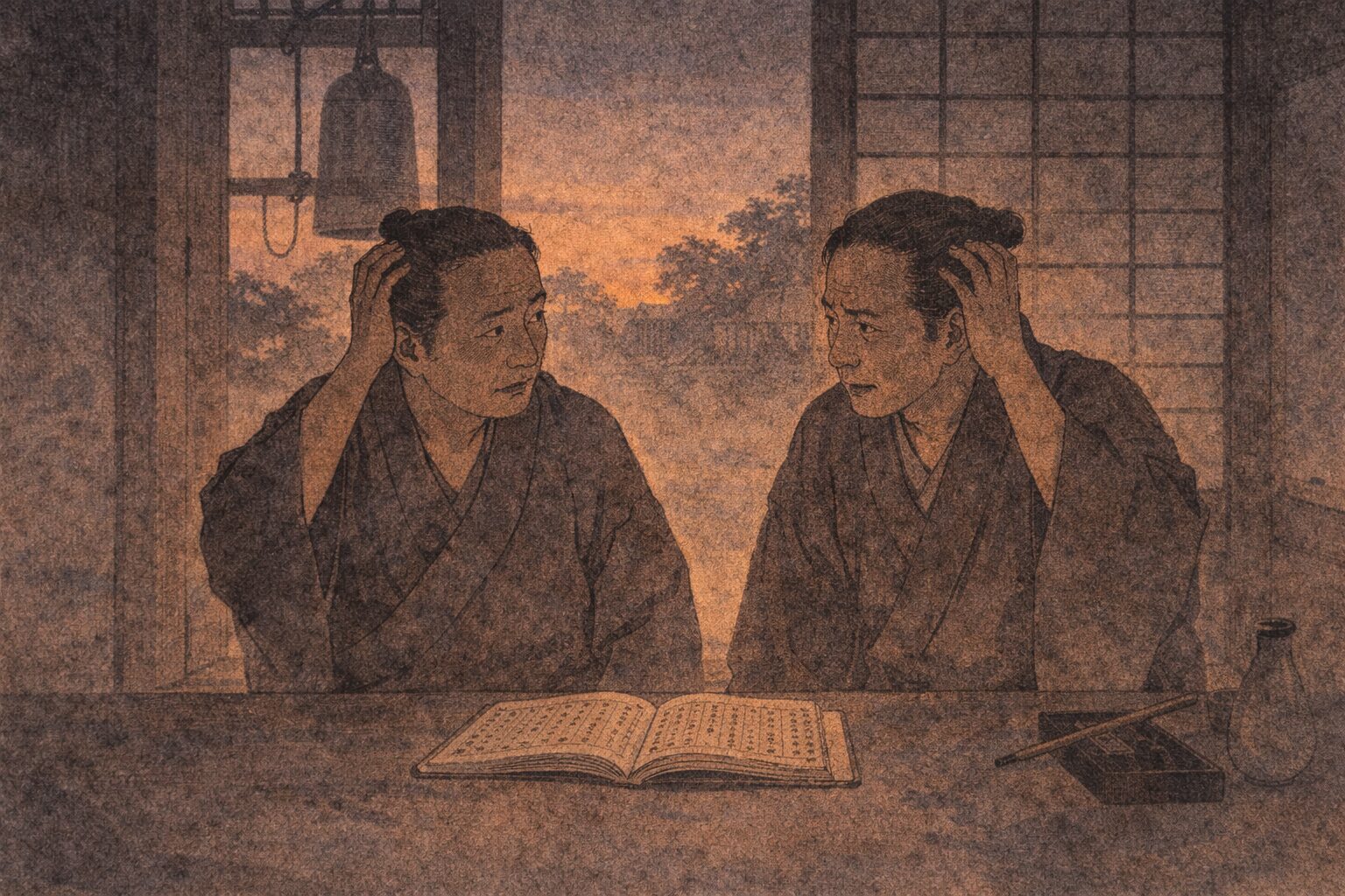 夕方の寺の帳場で二人の男が帳面を前に困り切って顔を見合わせる一場面