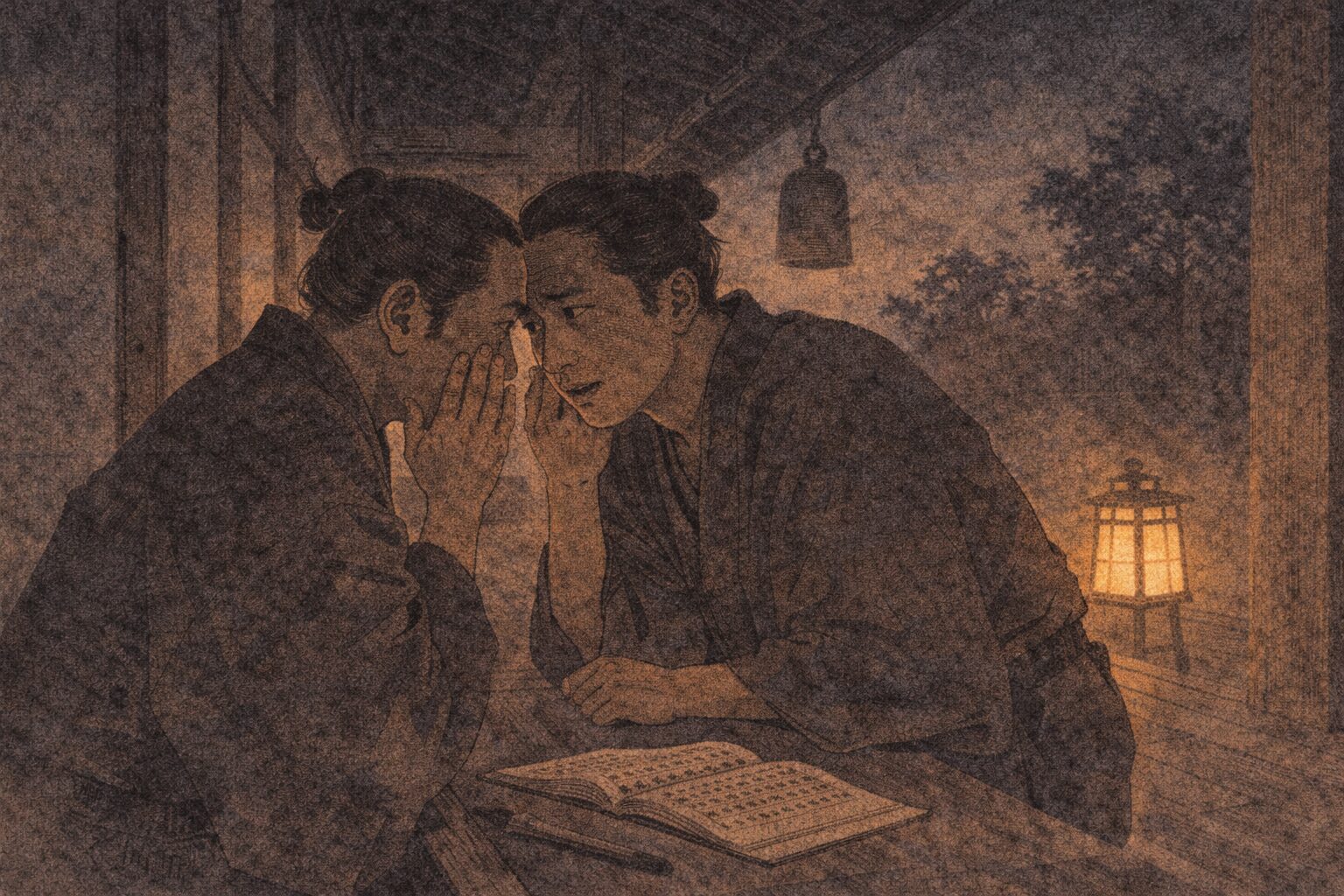 夜の寺の廊下で二人の男が身を寄せ合い帳面のごまかし方を相談する一場面