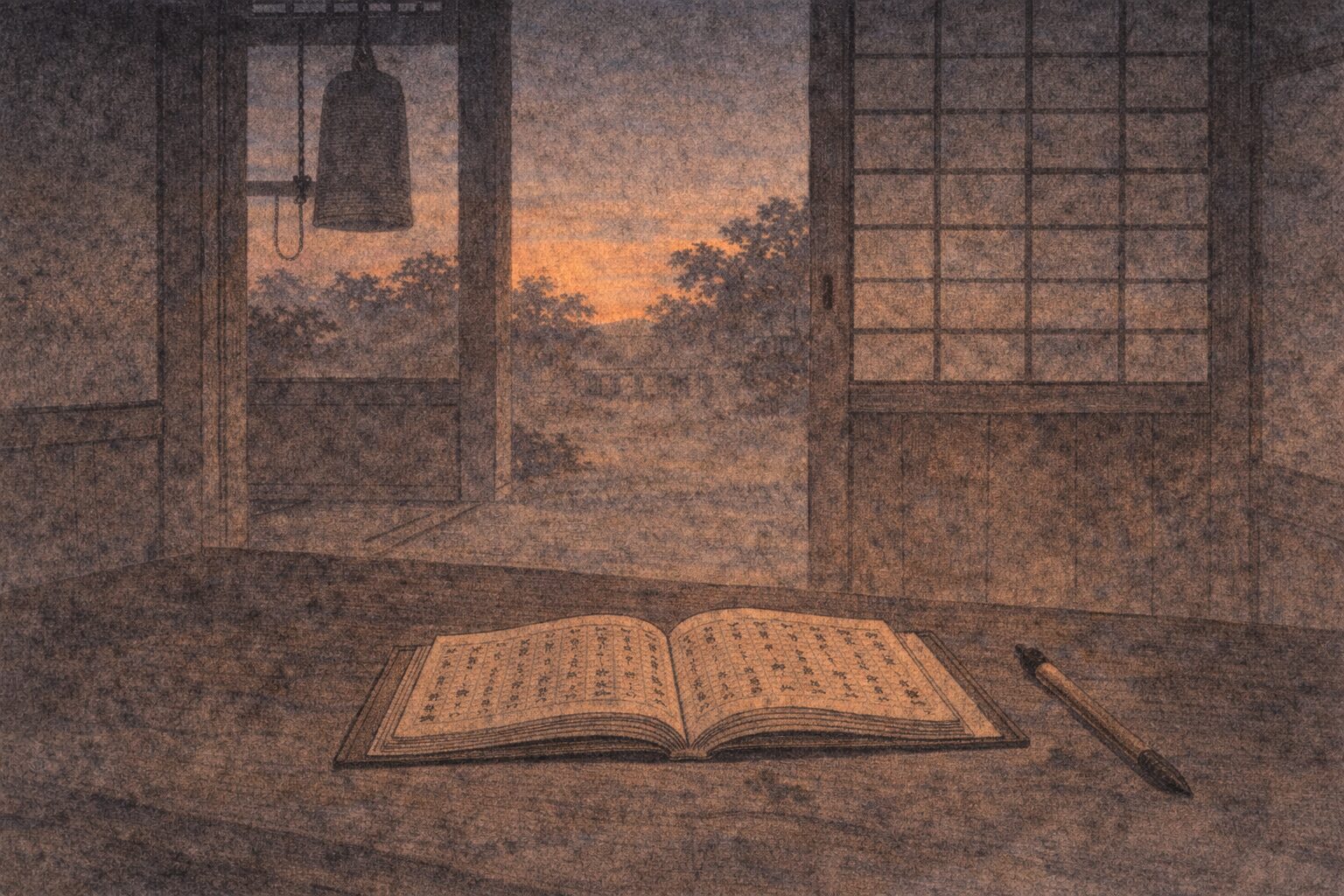 明け方の寺の帳場に帳面と筆だけが残り三人の騒ぎの余韻が漂う一場面