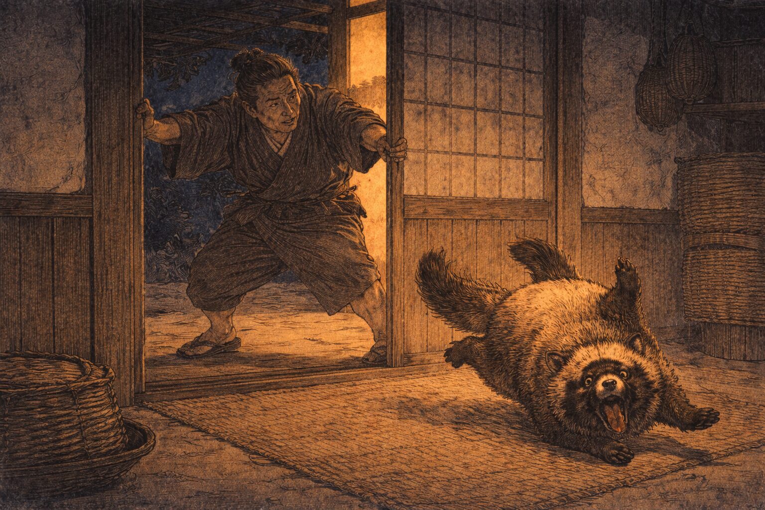 夜の農家の戸口で権兵衛が勢いよく戸を開け狸が転がり込む一場面