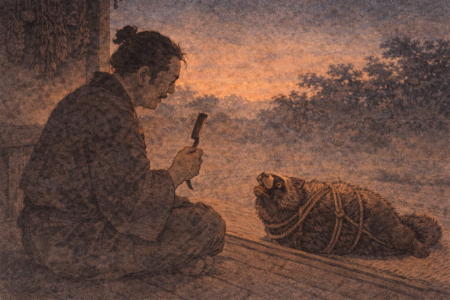 夕方の縁側で権兵衛が縄で縛った狸を前に剃刀を構える一場面