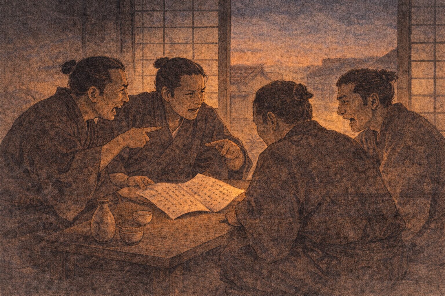 夕方の長屋の座敷で店子たちが台本を囲み配役でもめる一場面