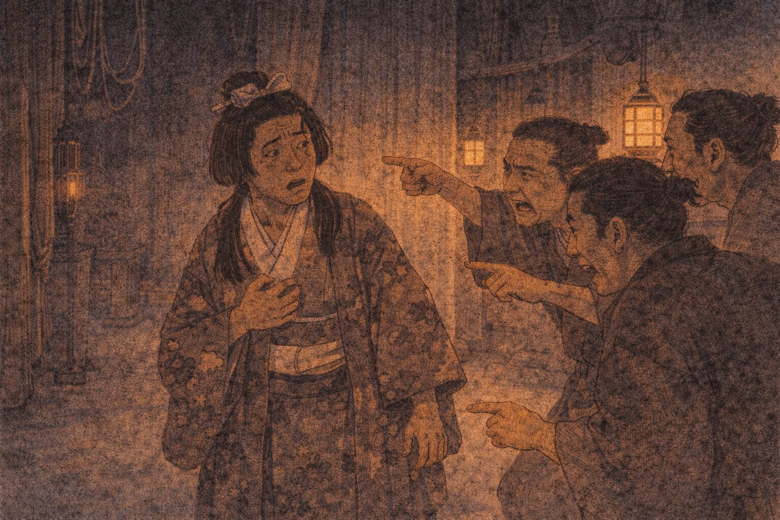 夜の舞台裏で権助が衣装のまま戸惑い周りの男たちが身ぶりで指図する一場面