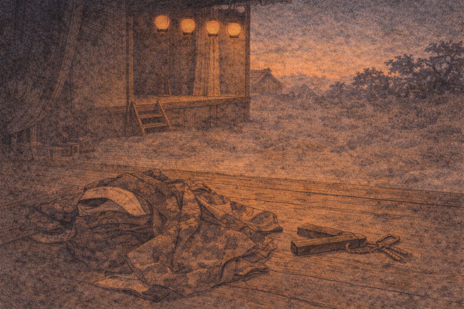 明け方の小さな芝居小屋に脱ぎ捨てた衣装と拍子木だけが残る余韻の一場面