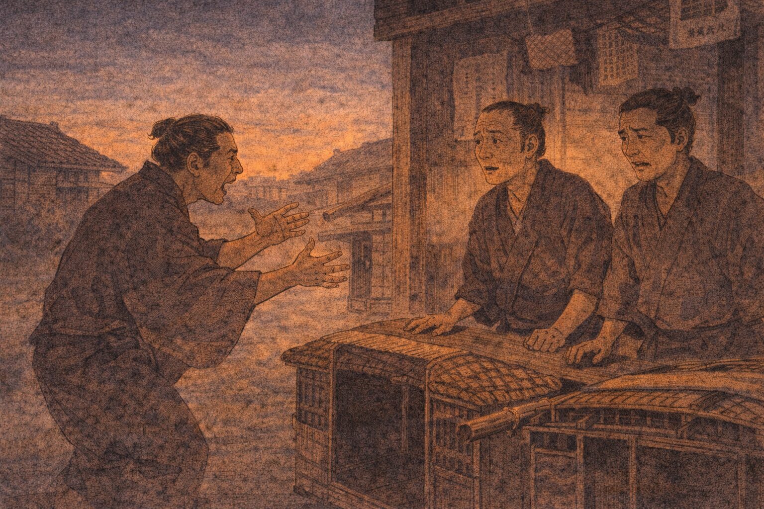 夕暮れの駕籠屋の店先で男が駕籠屋へ身ぶり大きく吉原行きを頼み込む一場面