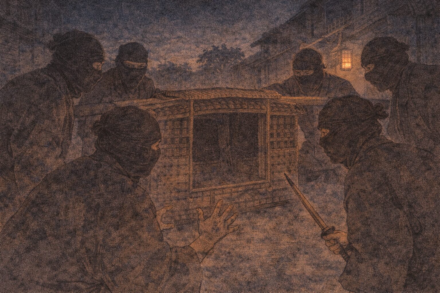 夜の蔵前通りで駕籠が止まり黒覆面の追い剥ぎたちが取り囲む一場面