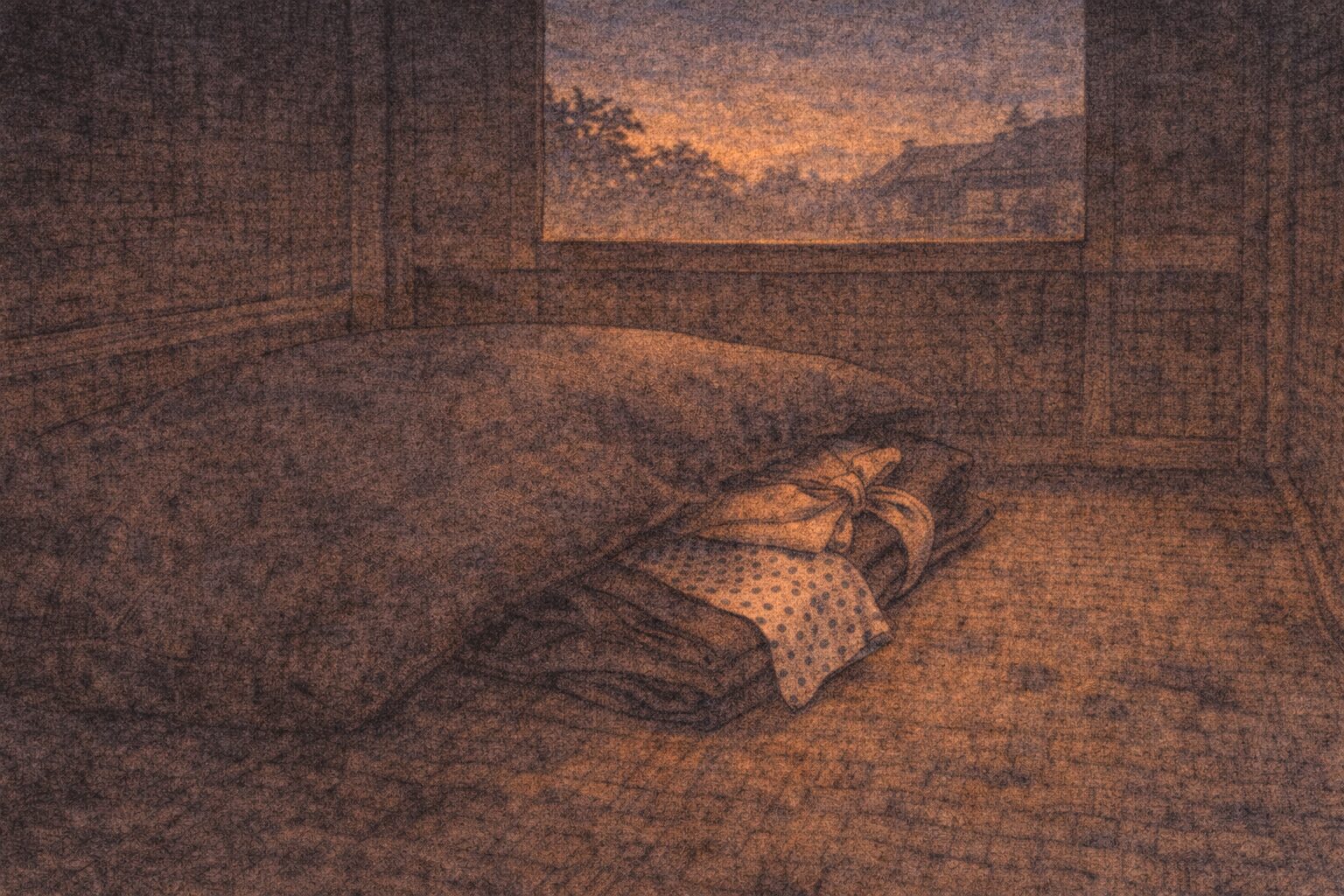 明け方の駕籠の中に畳んだ着物と手拭いだけが残る余韻の一場面