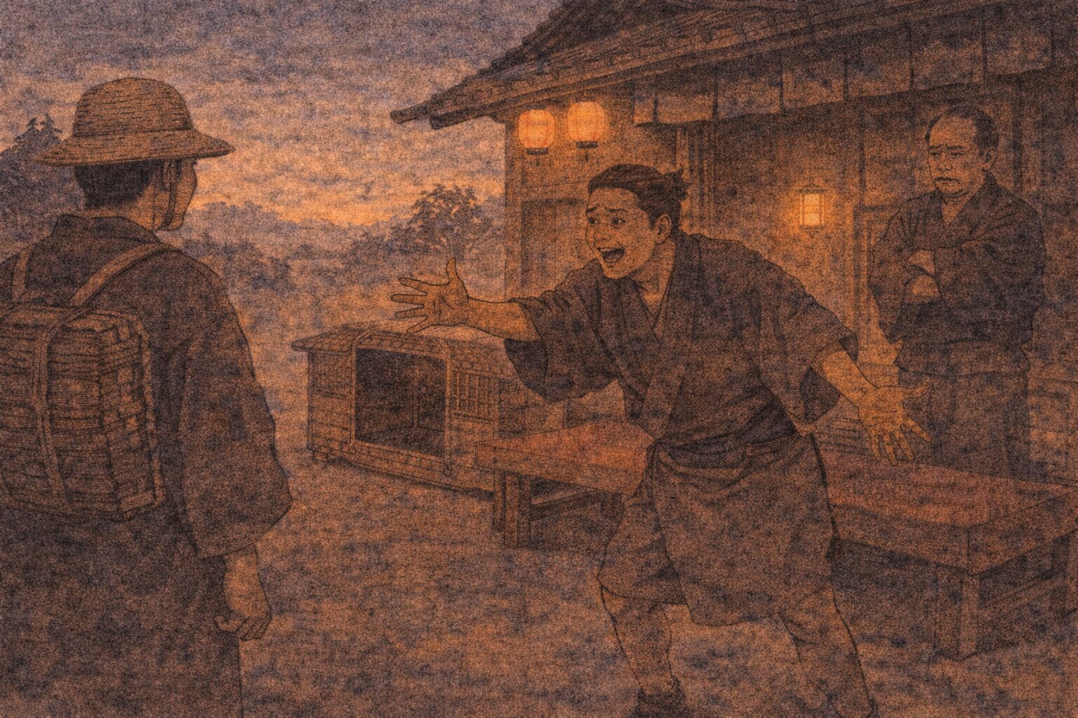 夕方の街道の茶店前で若い駕籠屋が通り客へ勢いよく声をかける一場面