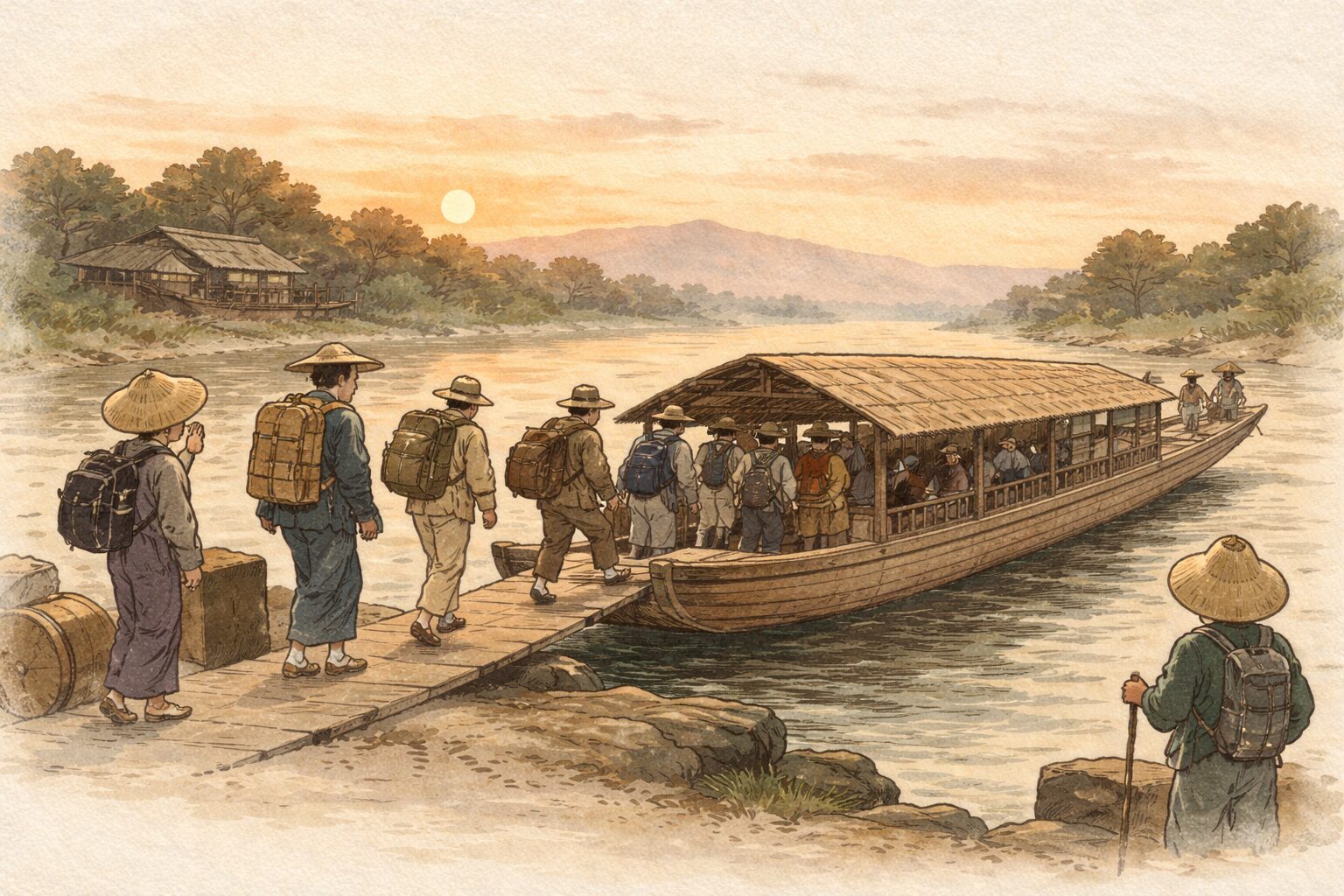 夕暮れの伏見の船着場で旅人たちが三十石船へ乗り込む一場面