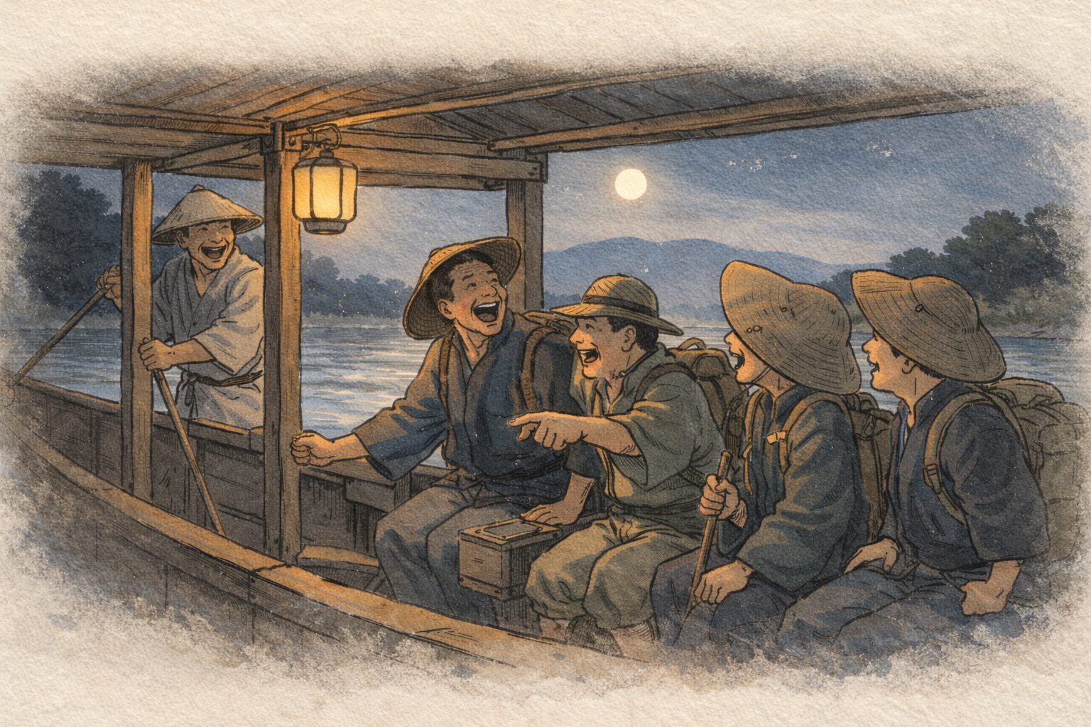 夜の舟の上で旅人たちが身を乗り出して謎かけに笑い合う一場面