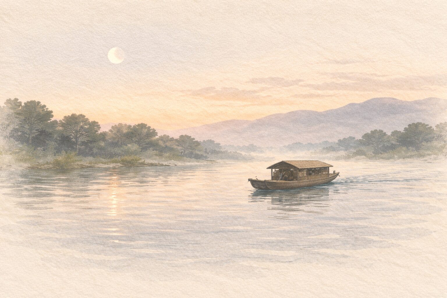 明け方の淀川を進む舟に月の余韻だけが残る静かな一場面