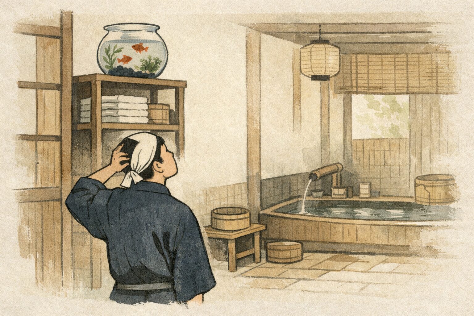 昼の商家の風呂場の前で番頭が高い棚の金魚鉢を見上げながら困り顔になる一場面